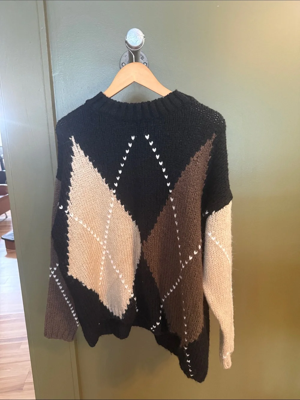Zara Argyle Crew Sweater in Black, Brown & Cream - Picture 2 of 4